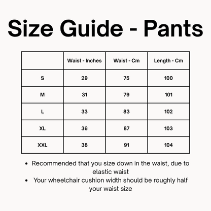 Size guide for pants with measurements in inches, centimeters, and a note about elastic waist.