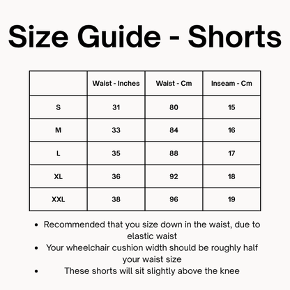 Size guide for shorts with measurements in inches and centimeters.