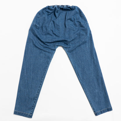Seam-free back of adaptive jeans designed to reduce pressure injuries, with no pockets or rear stitching.

