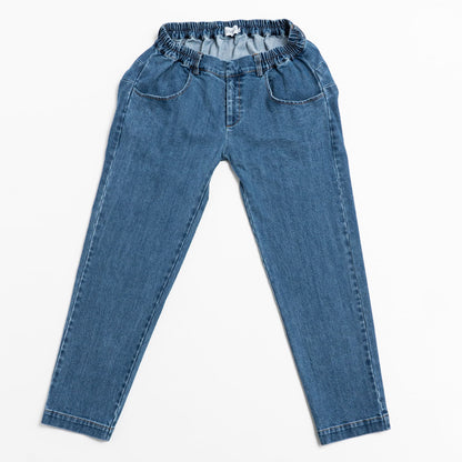 Blue adaptive jeans on a white background
