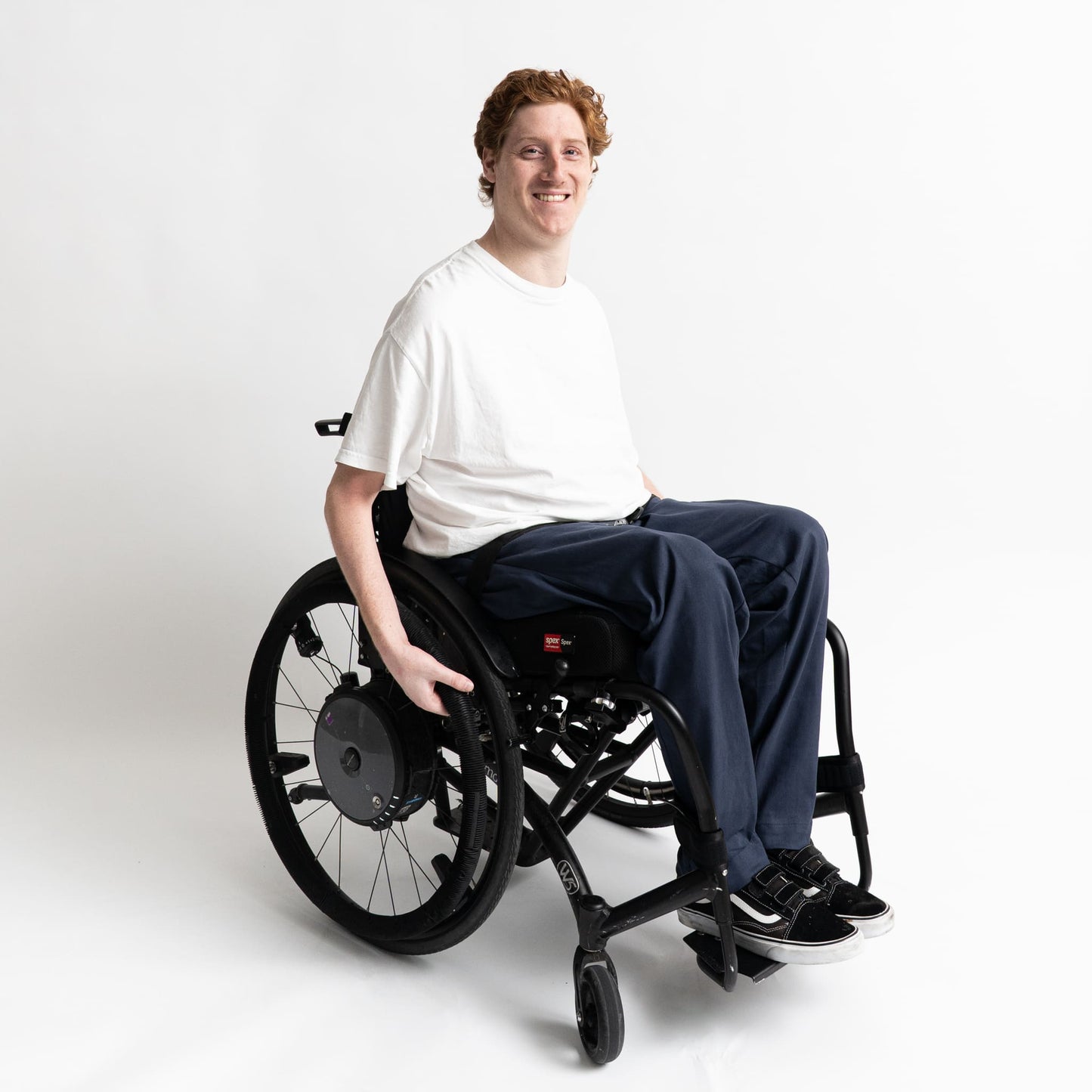 Side view of adaptive pants with no rear seams or pockets, designed to reduce pressure risks
