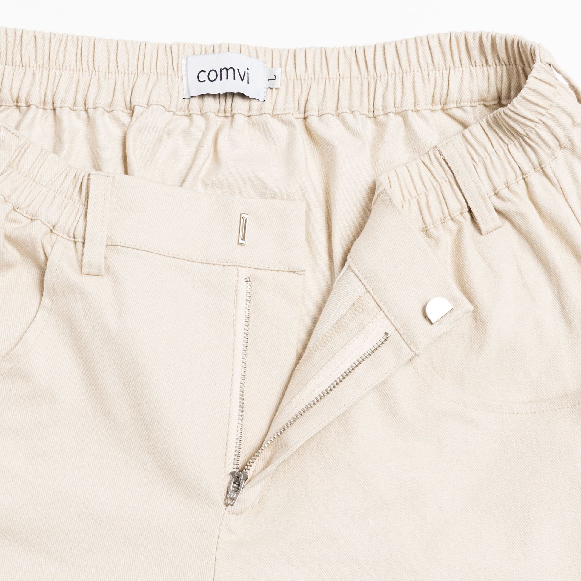 “Close-up of pull-up loops disguised as belt loops for easier dressing and adaptive hook-and-loop fly closure.”

